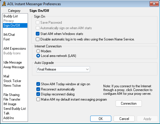 AIM settings page opened after pressing setup button